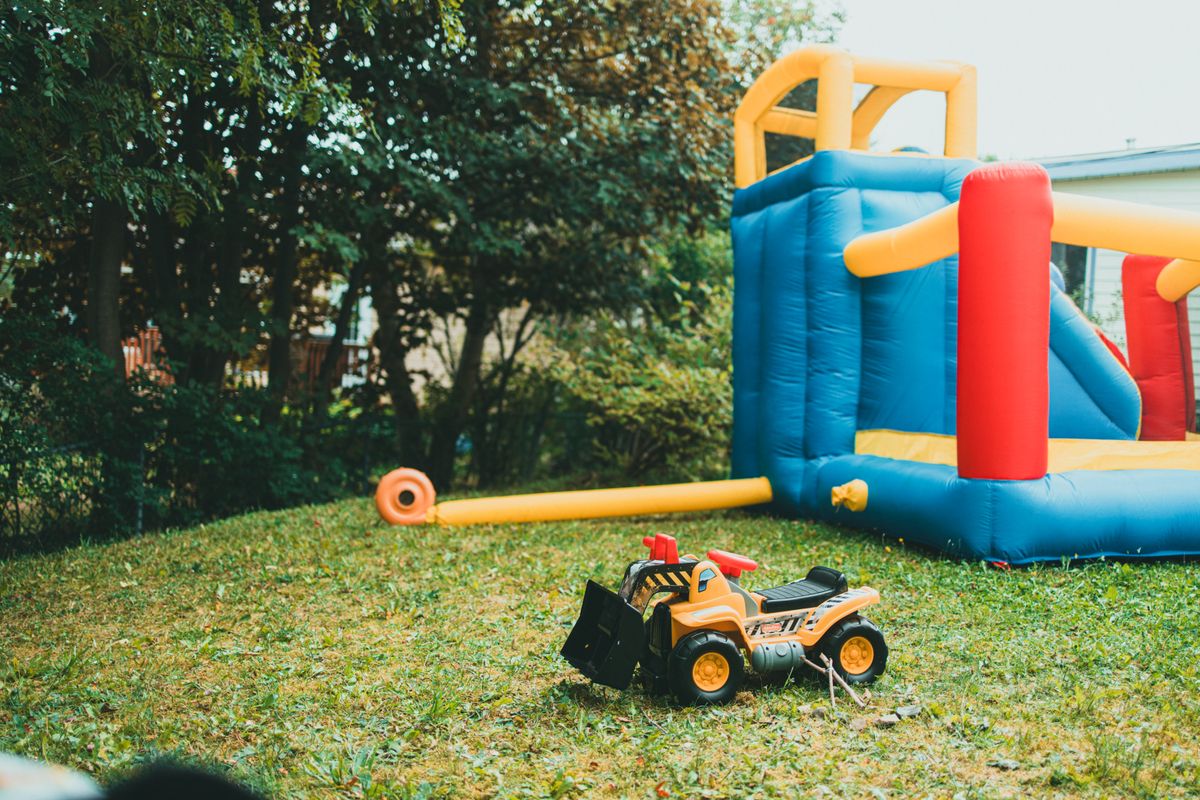 A colorful inflatable bounce house